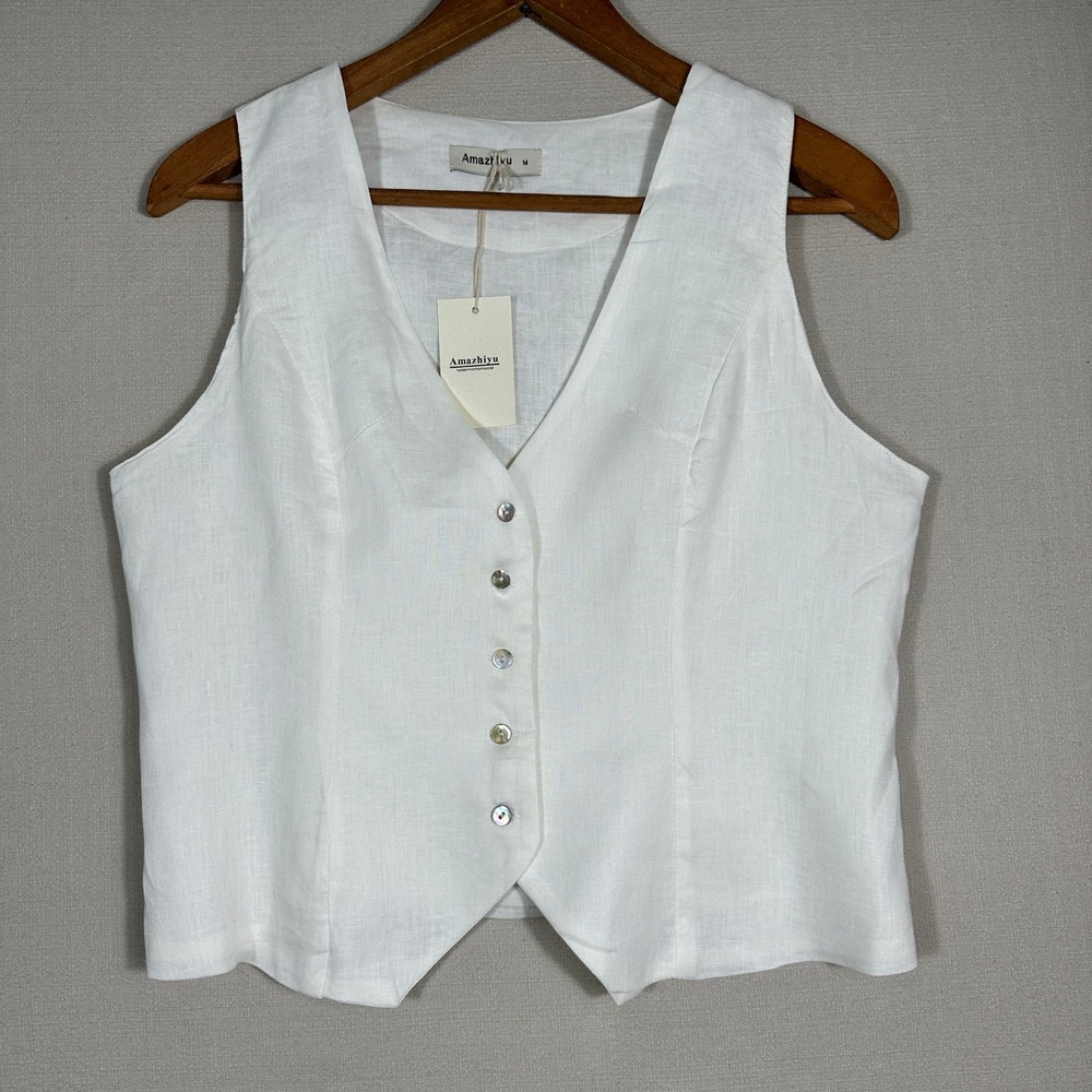 Amazhiyu 100% Linen Vest Women M White NEW Cinch Back Button Up V-Neck